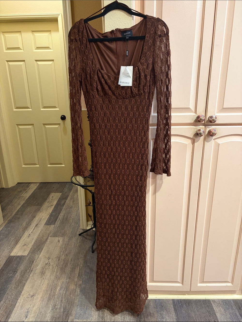 Bardot Chocolate Brown Crochet Maxi Dress has a good amount of stretch 10/xl
